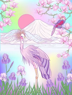 Çok renkli resimde Japon yatay, Fuji Dağı ve t