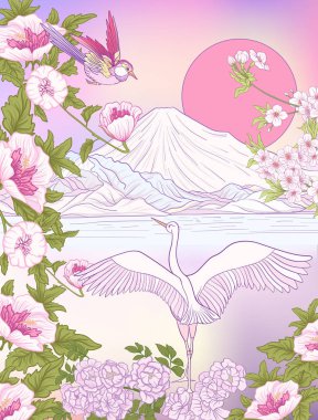 Çok renkli resimde Japon yatay, Fuji Dağı ve t