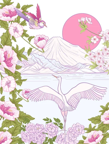 Çok renkli resimde Japon yatay, Fuji Dağı ve t