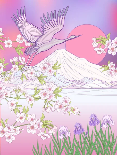 Çok renkli resimde Japon yatay, Fuji Dağı ve t