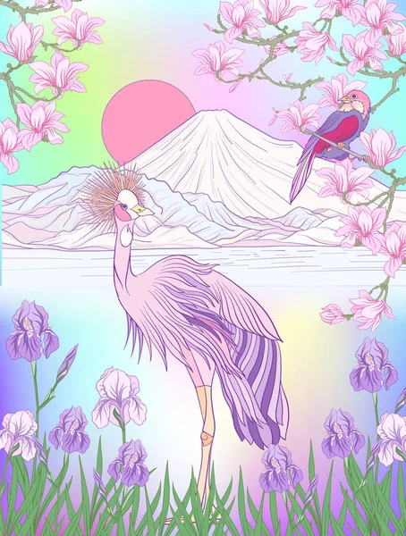 Çok renkli resimde Japon yatay, Fuji Dağı ve t