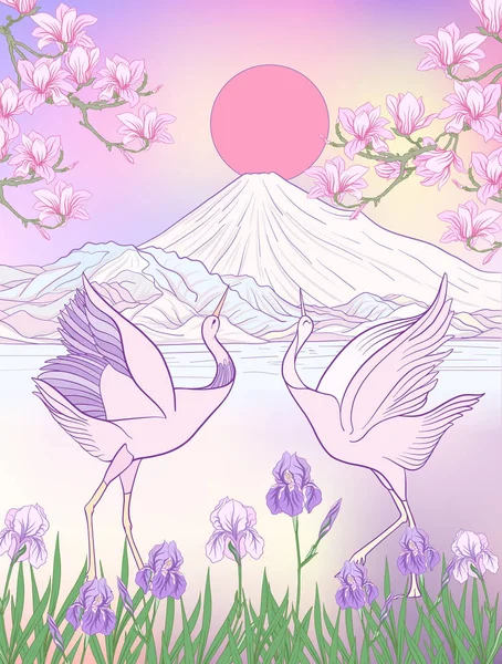 Çok renkli resimde Japon yatay, Fuji Dağı ve t