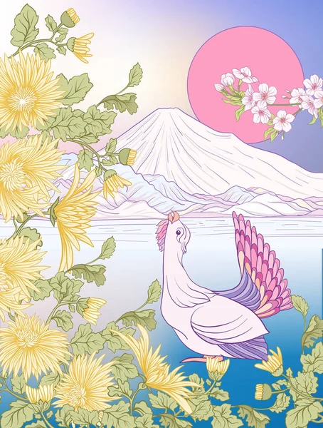 Çok renkli resimde Japon yatay, Fuji Dağı ve t