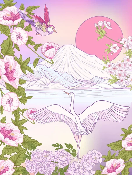 Çok renkli resimde Japon yatay, Fuji Dağı ve t