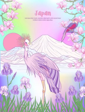 Çok renkli resimde Japon yatay, Fuji Dağı ve t