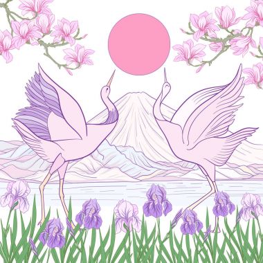 Çok renkli resimde Japon yatay, Fuji Dağı ve t