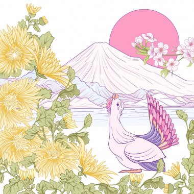 Çok renkli resimde Japon yatay, Fuji Dağı ve t