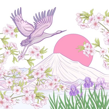 Çok renkli resimde Japon yatay, Fuji Dağı ve t