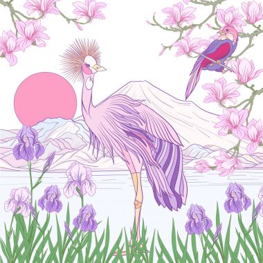 Çok renkli resimde Japon yatay, Fuji Dağı ve t