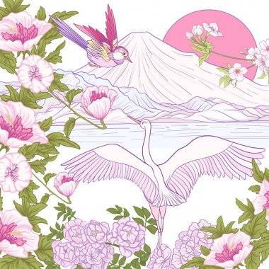 Çok renkli resimde Japon yatay, Fuji Dağı ve t