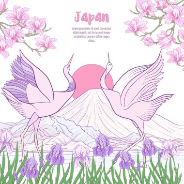 Çok renkli resimde Japon yatay, Fuji Dağı ve t