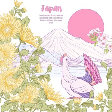 Çok renkli resimde Japon yatay, Fuji Dağı ve t