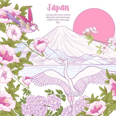 Çok renkli resimde Japon yatay, Fuji Dağı ve t