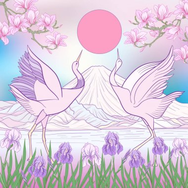 Çok renkli resimde Japon yatay, Fuji Dağı ve t