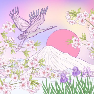 Çok renkli resimde Japon yatay, Fuji Dağı ve t