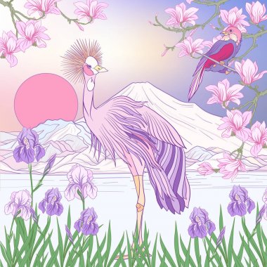 Çok renkli resimde Japon yatay, Fuji Dağı ve t