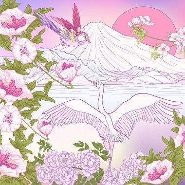 Çok renkli resimde Japon yatay, Fuji Dağı ve t