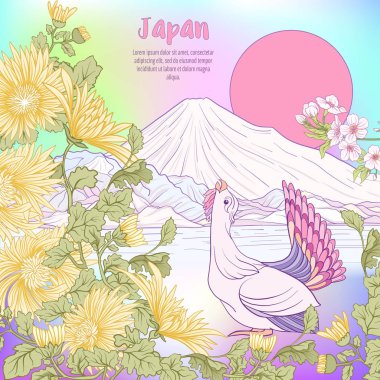 Çok renkli resimde Japon yatay, Fuji Dağı ve t