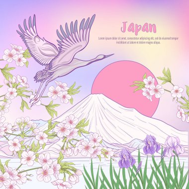 Çok renkli resimde Japon yatay, Fuji Dağı ve t