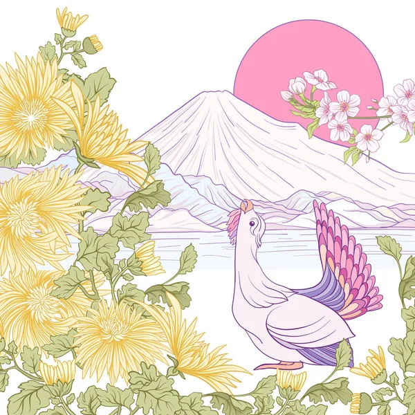 Çok renkli resimde Japon yatay, Fuji Dağı ve t