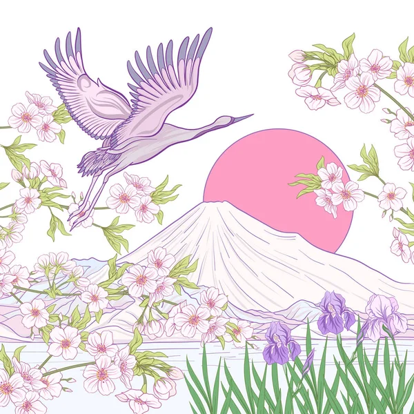 Çok renkli resimde Japon yatay, Fuji Dağı ve t