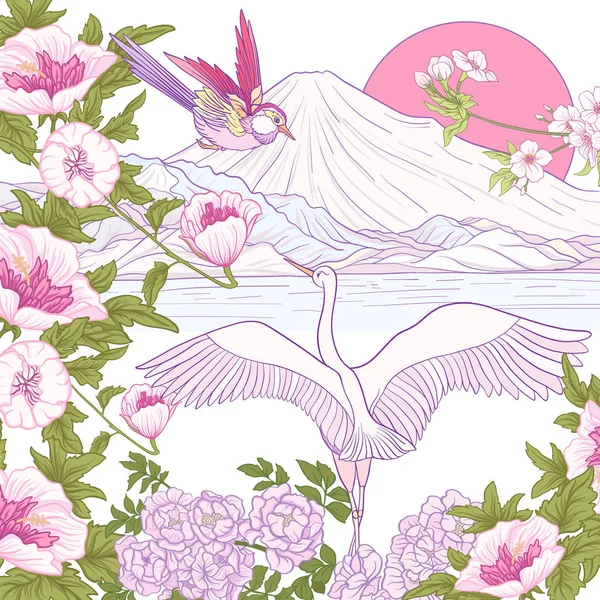 Çok renkli resimde Japon yatay, Fuji Dağı ve t