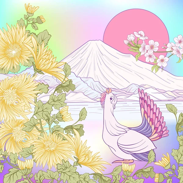 Çok renkli resimde Japon yatay, Fuji Dağı ve t