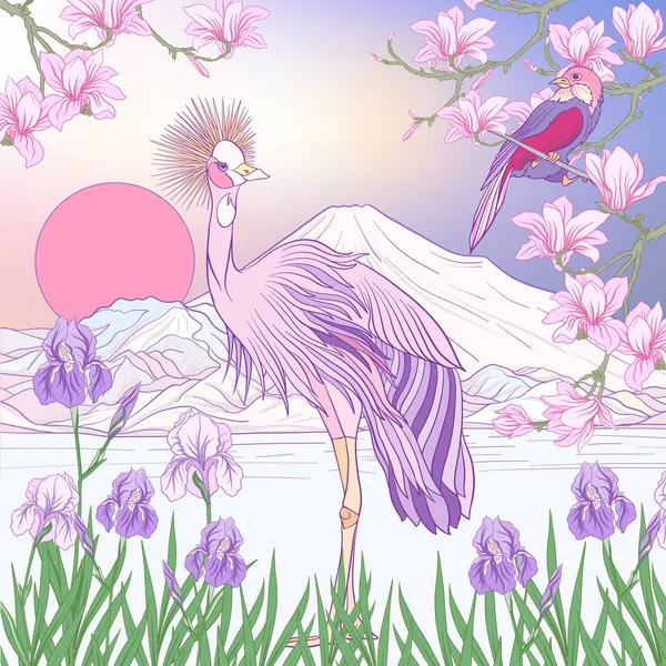 Çok renkli resimde Japon yatay, Fuji Dağı ve t