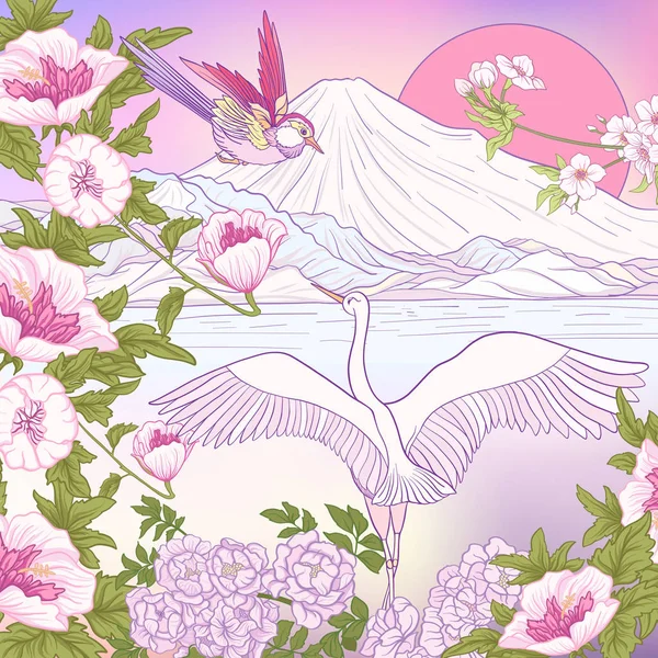 Çok renkli resimde Japon yatay, Fuji Dağı ve t