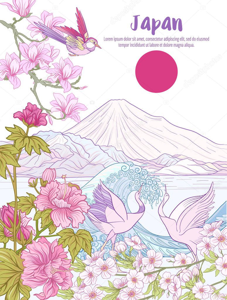 Japanese Landscape with Mount Fuji, sea, and tradition flowers a