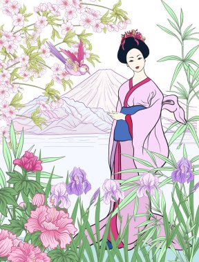 Japanese Landscape with Mount Fuji, sea, Japanese woman in a kim clipart