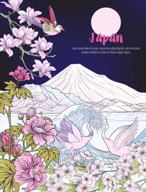 Fuji Dağı, deniz ve gelenek çiçekler, Japon yatay bir