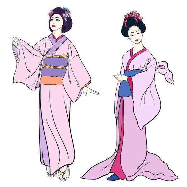 Mujeres jóvenes en kimono tradicional japonés, dibujo aislado. St. — Vector de stock