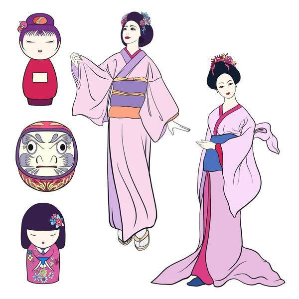 Conjunto de duas mulheres jovens em quimono tradicional japonês e tradit — Vetor de Stock