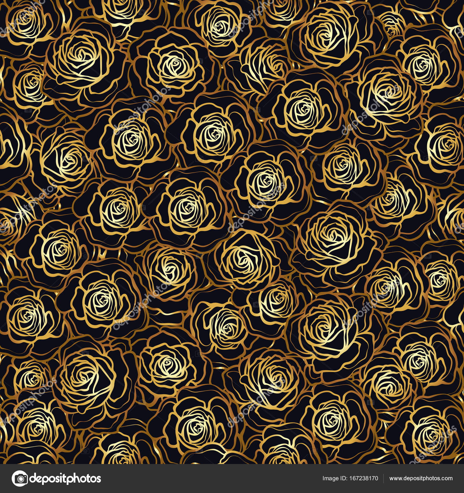 Rose flower seamless pattern. Gold roses on black background. St Stock