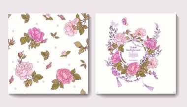 Gül çiçek ve tebrik doğum günü ile Dikişsiz desen seti