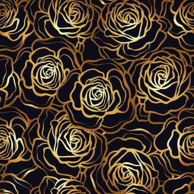 Gül çiçek seamless modeli. Altın gül siyah arka plan üzerinde. St