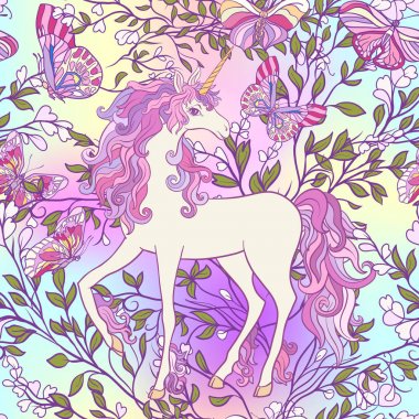 Tek boynuzlu at çok renkli yele, kelebek gökkuşağı, yıldız ve sevgi ile