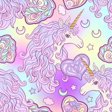 Tek boynuzlu at çok renkli yele, kelebek gökkuşağı, yıldız ve sevgi ile