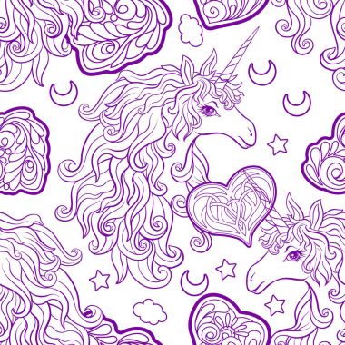 Tek boynuzlu at çok renkli yele, kelebek gökkuşağı, yıldız ve sevgi ile