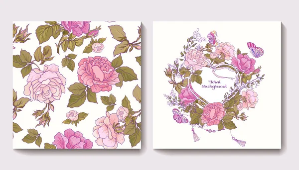 Set van naadloze patronen met roze bloemen en groet verjaardag — Stockvector
