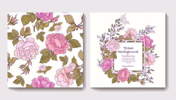 Conjunto de patrones sin costura con flores de rosas y cumpleaños de saludo — Vector de stock