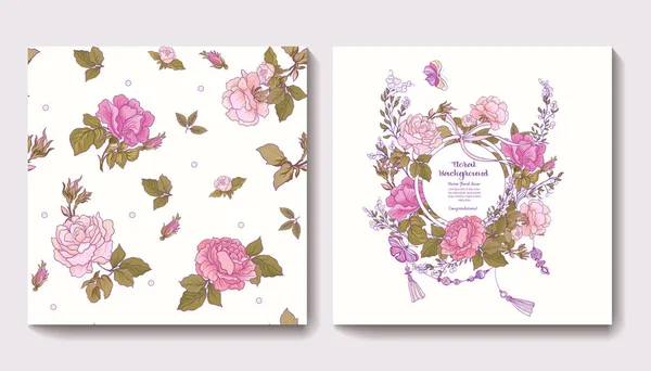 Σύνολο απρόσκοπτη μοτίβα με ροδαλά λουλούδια και γενεθλίων ευχετήρια — Διανυσματικό Αρχείο