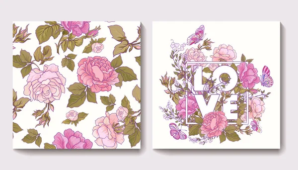 Conjunto de patrones sin costura con flores de rosas y cumpleaños de saludo — Vector de stock