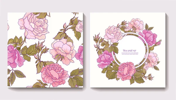 Σύνολο απρόσκοπτη μοτίβα με ροδαλά λουλούδια και γενεθλίων ευχετήρια — Διανυσματικό Αρχείο