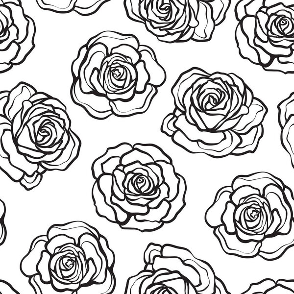 Розовый цветок бесшовный узор. Черные розы на белом фоне

