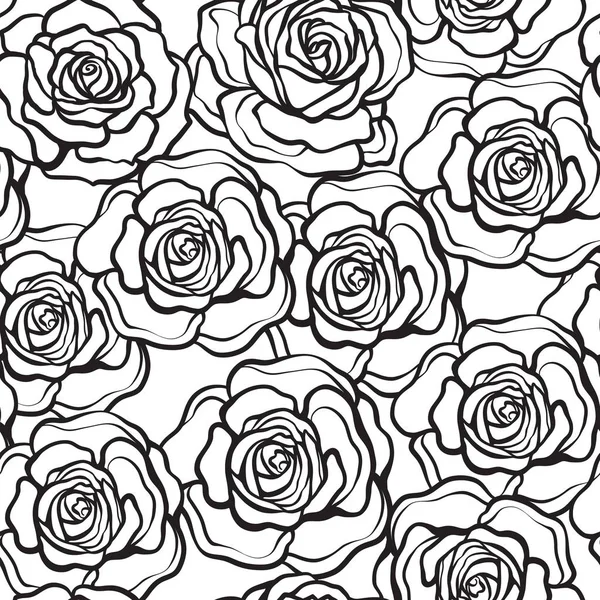 Fiore di rosa modello senza cuciture. Outline rose nere su dorso bianco — Vettoriale Stock