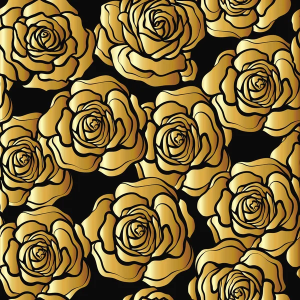 Rose flower seamless pattern. Gold roses on black background. St — Stock Vector