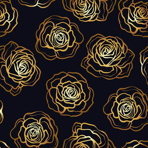 Rose flower seamless pattern. Gold roses on black background. St — Stock Vector