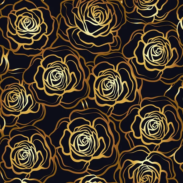 Rose flower seamless pattern. Gold roses on black background. St — Stock Vector